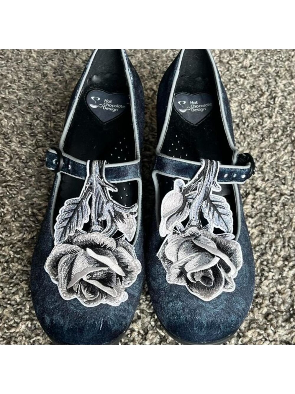 Hot Chocolate Design Black Navy Blue Velvet Mary Jane Heels Size 8 Grunge Goth